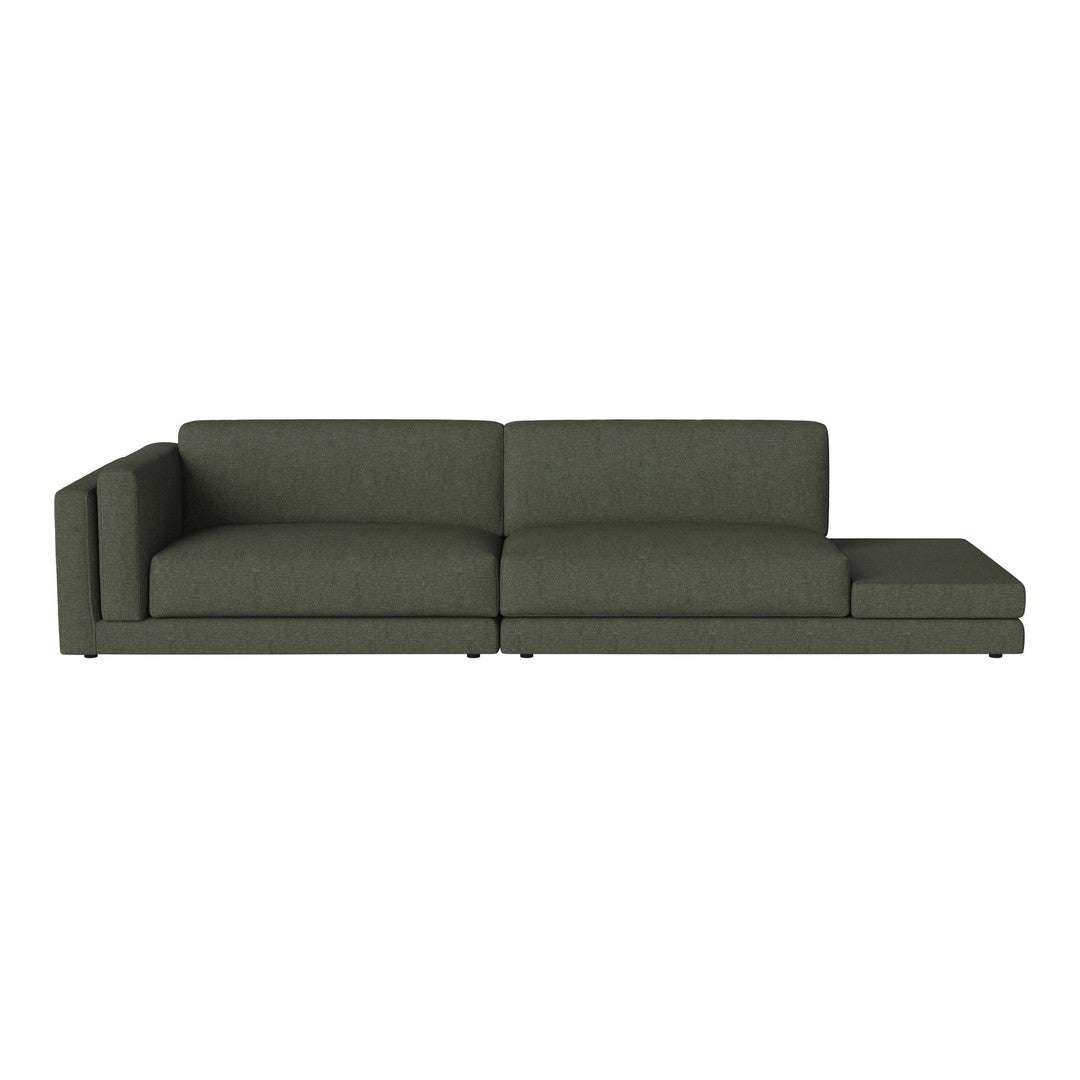 Olive green sectional sofa with a modern design and clean lines, featuring solid color upholstery.