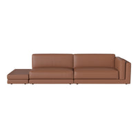 Brown leather sectional sofa with a smooth, minimalist design and clean lines. Perfect for modern living spaces.