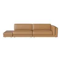 Tan leather sectional sofa with a sleek, modern design and smooth texture. Perfect for contemporary living spaces.