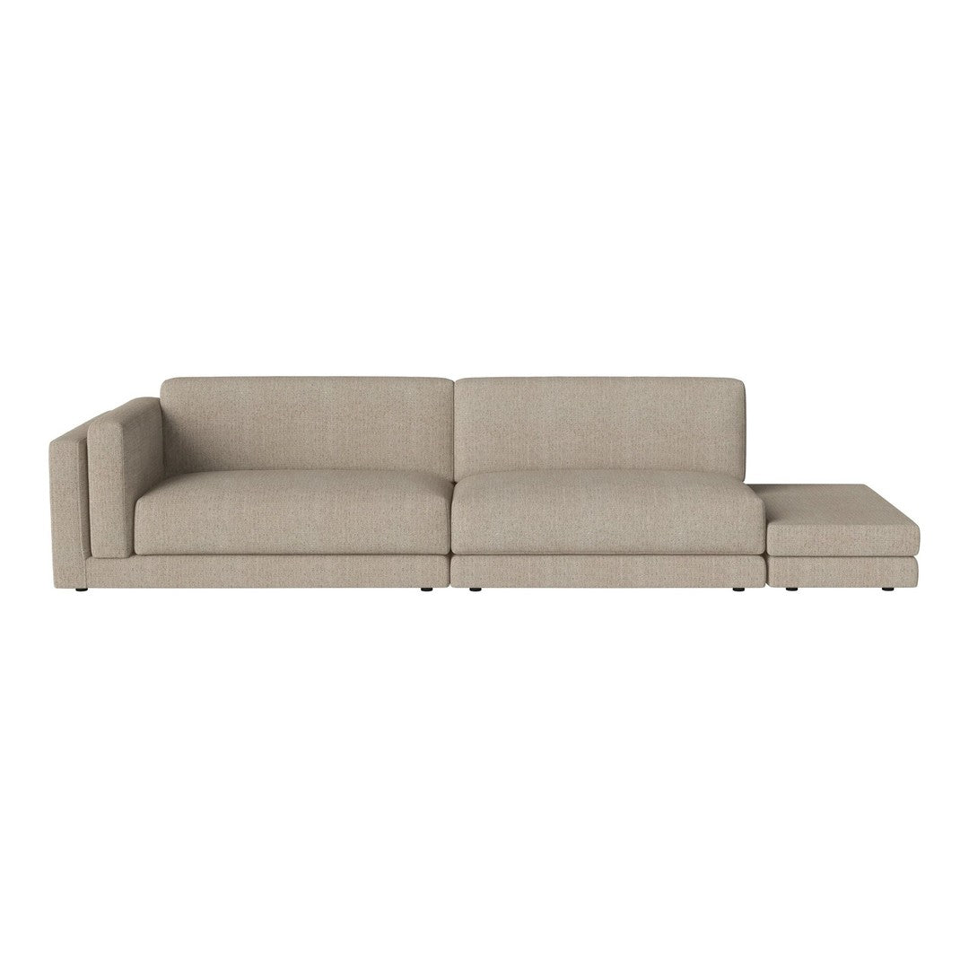 Stylish beige sectional sofa with a contemporary design and smooth fabric texture, perfect for modern living spaces.