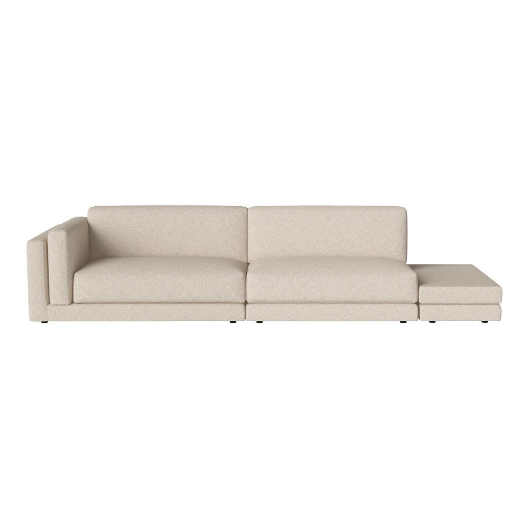 Beige fabric sectional sofa with a sleek, minimalist design and subtle texture. Perfect for modern living spaces.