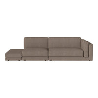 Brown fabric sofa with a sleek, modern design and minimalist lines, featuring a textured, woven pattern.