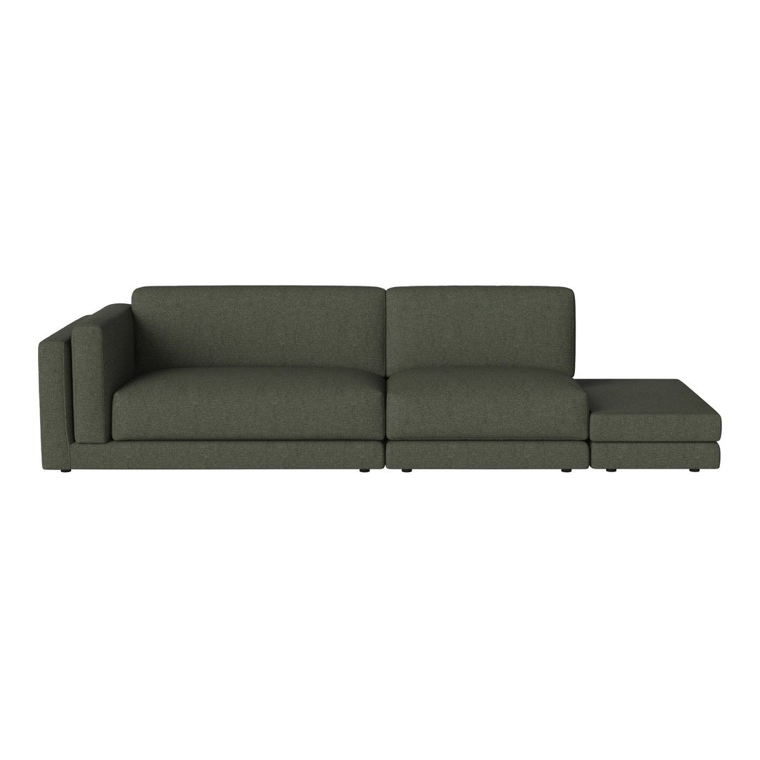 Dark green modern sectional sofa with a sleek, minimalist design and textured fabric upholstery. Perfect for contemporary decor.