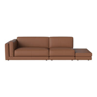 Brown leather sectional sofa with a sleek, modern design and clean lines, featuring a single solid color and minimalistic pattern.