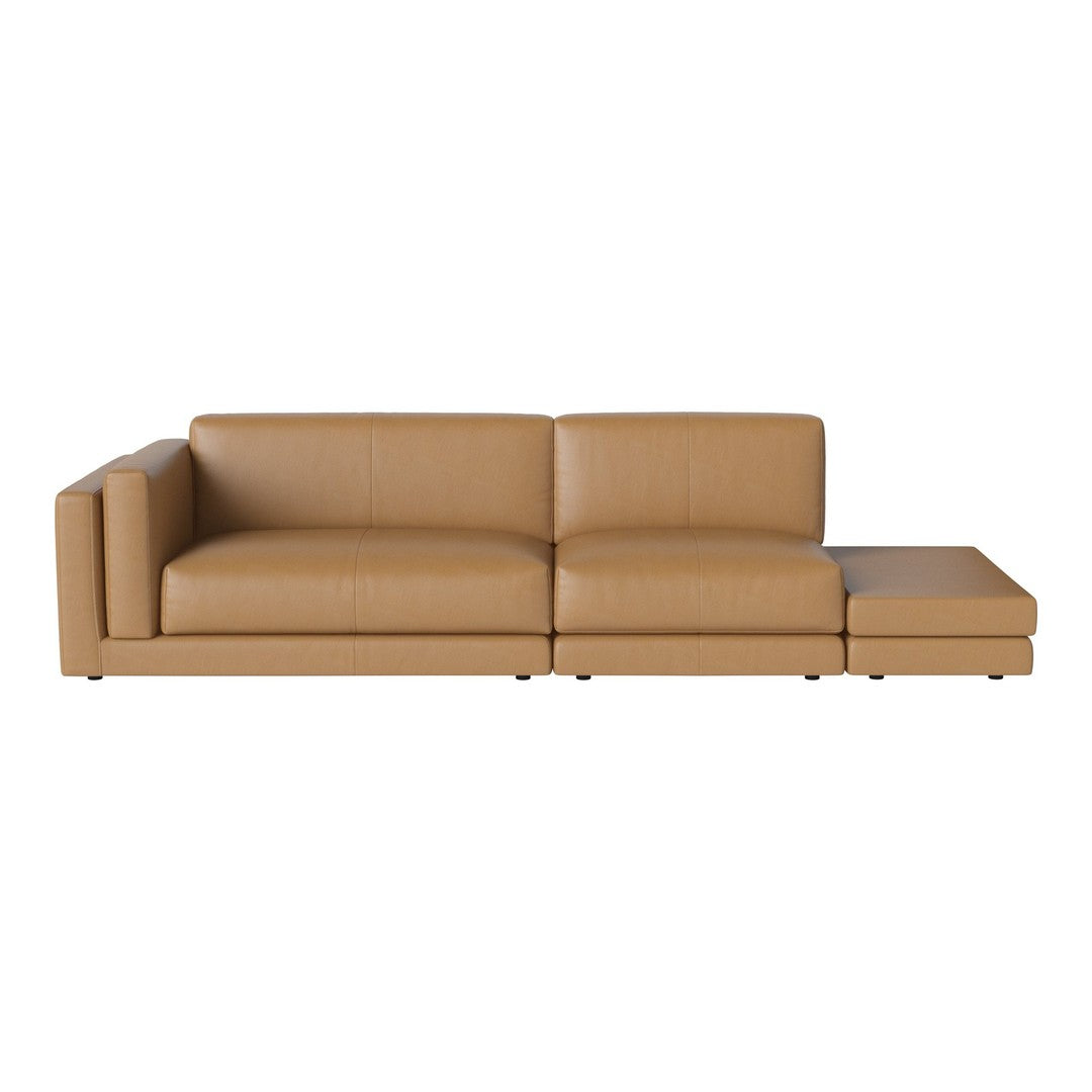 Tan leather sectional sofa with smooth, minimalist design and clean lines, perfect for modern interiors.
