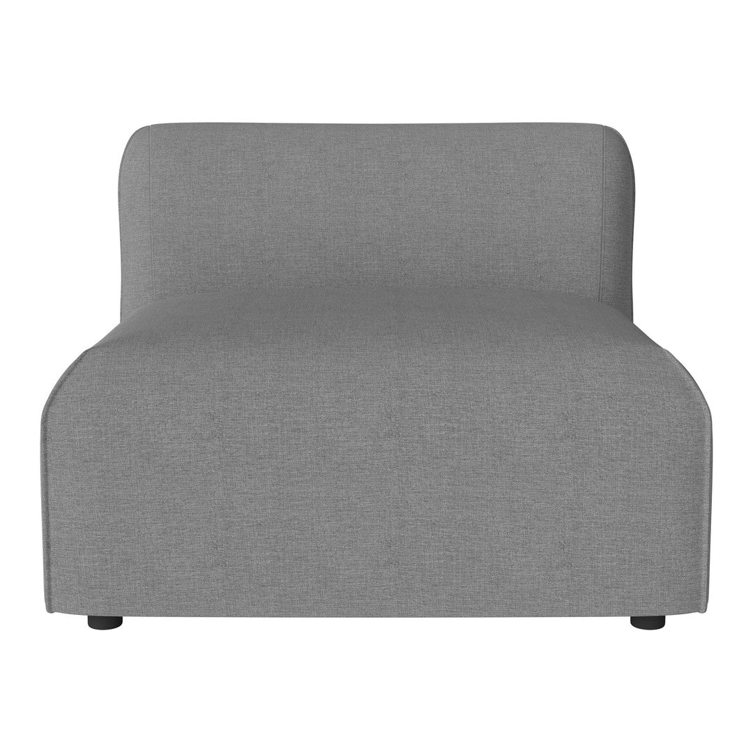Gray upholstered chair with a minimalist design and smooth, solid fabric pattern. Perfect for modern decor.