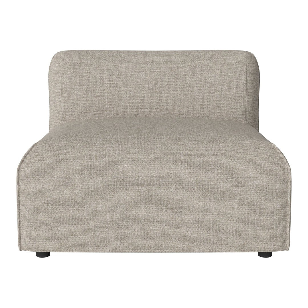 Light beige upholstered chair with a smooth, textured fabric pattern. Minimalist design with rounded edges.