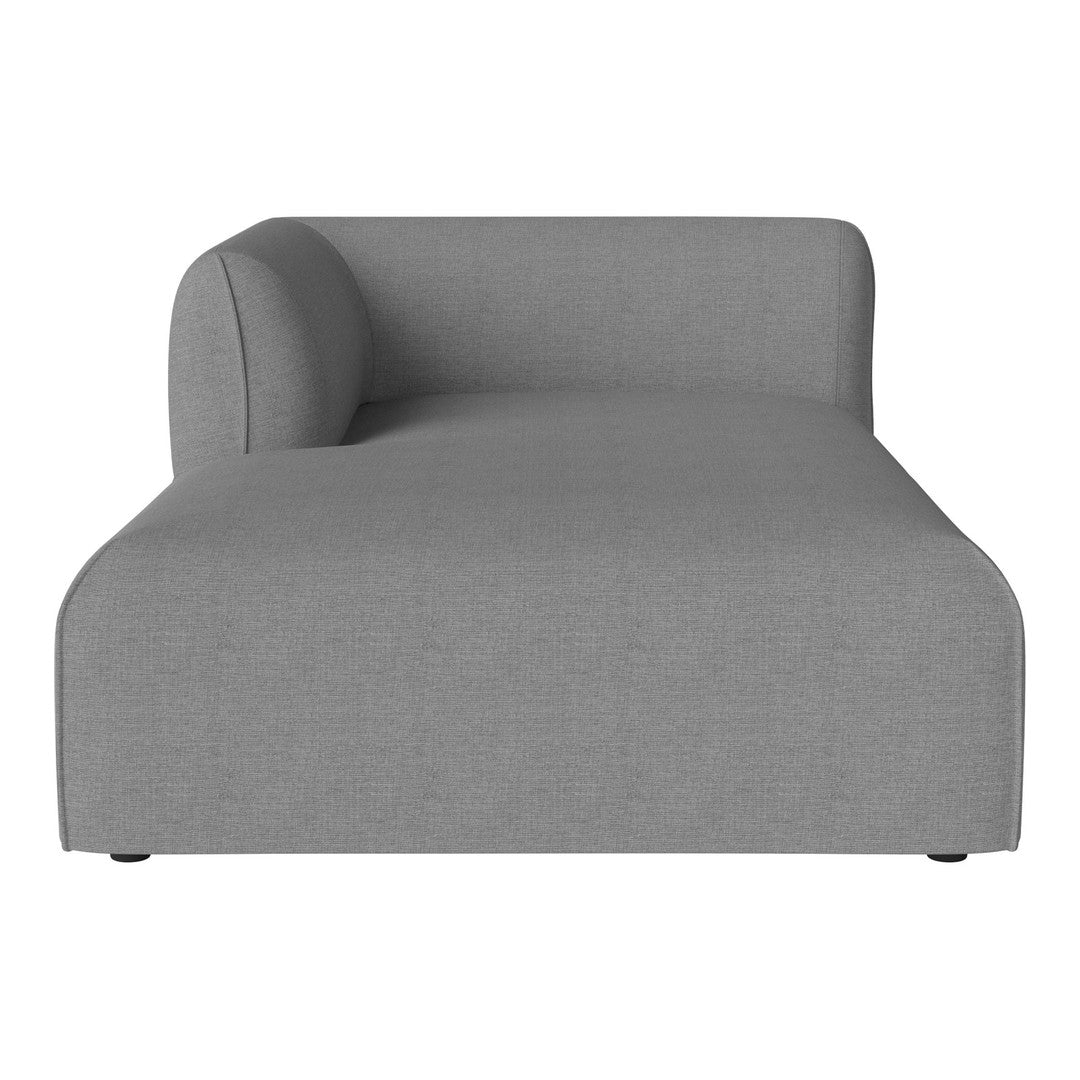 Gray upholstered chaise lounge with a smooth texture and minimalist design. Ideal for modern interiors.