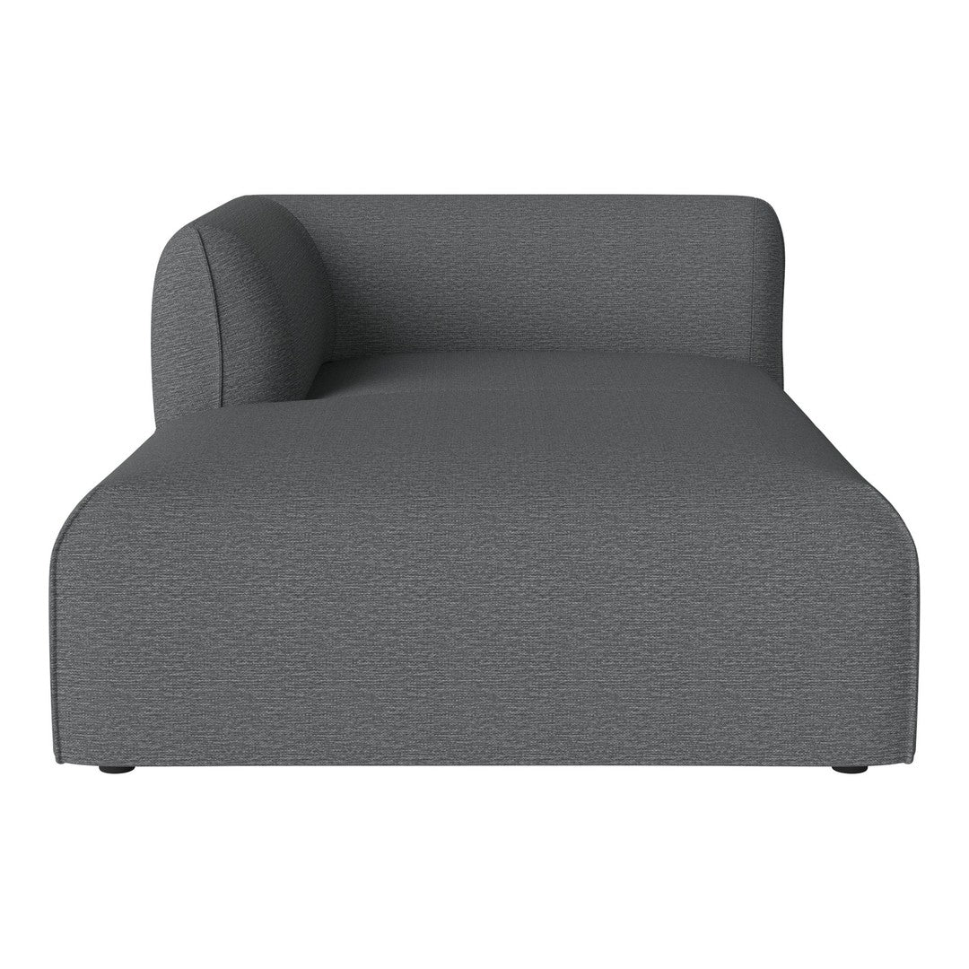 Gray upholstered chaise lounge with a smooth, textured fabric and minimalist modern design.