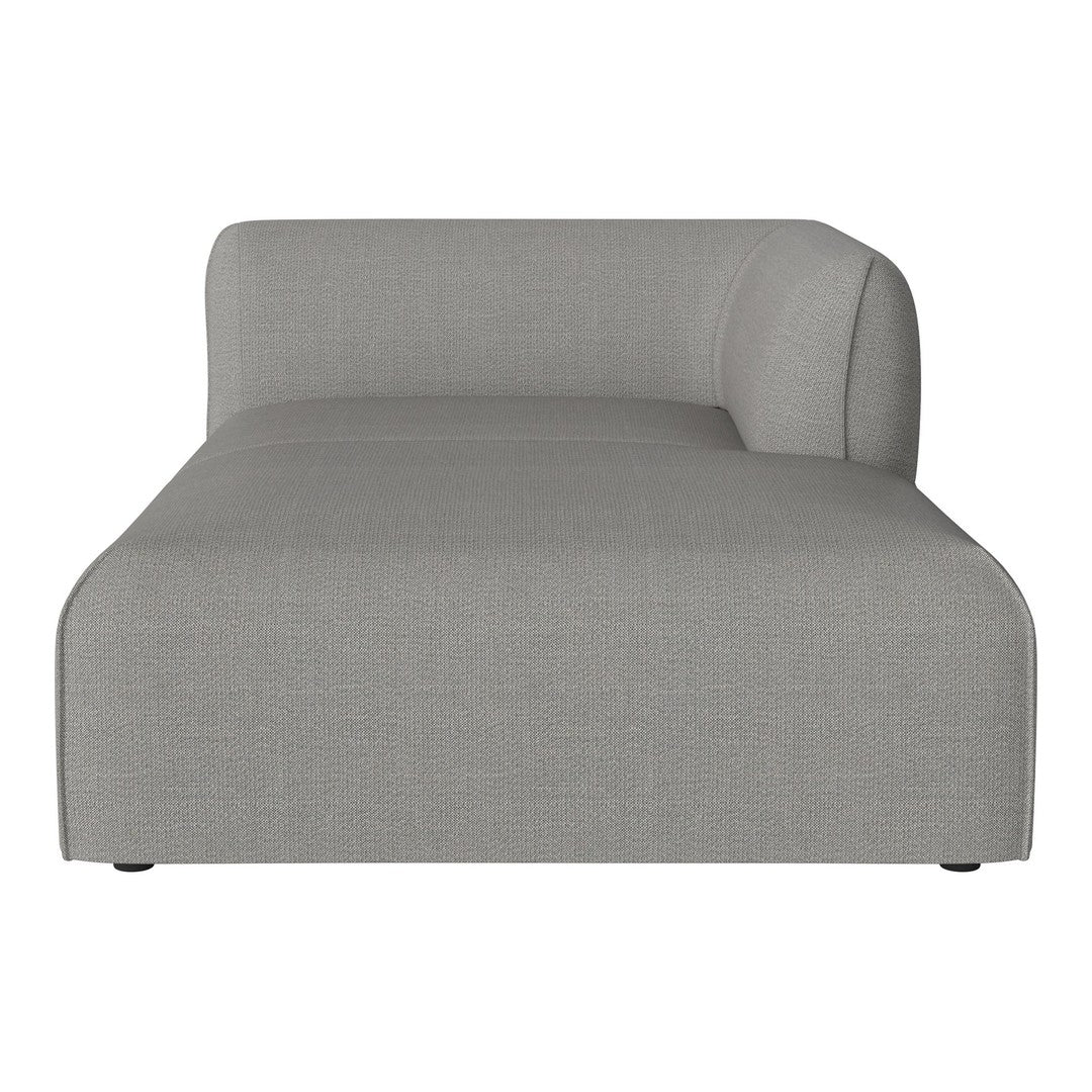 Gray upholstered chaise lounge with a modern, minimalist design and smooth fabric texture.