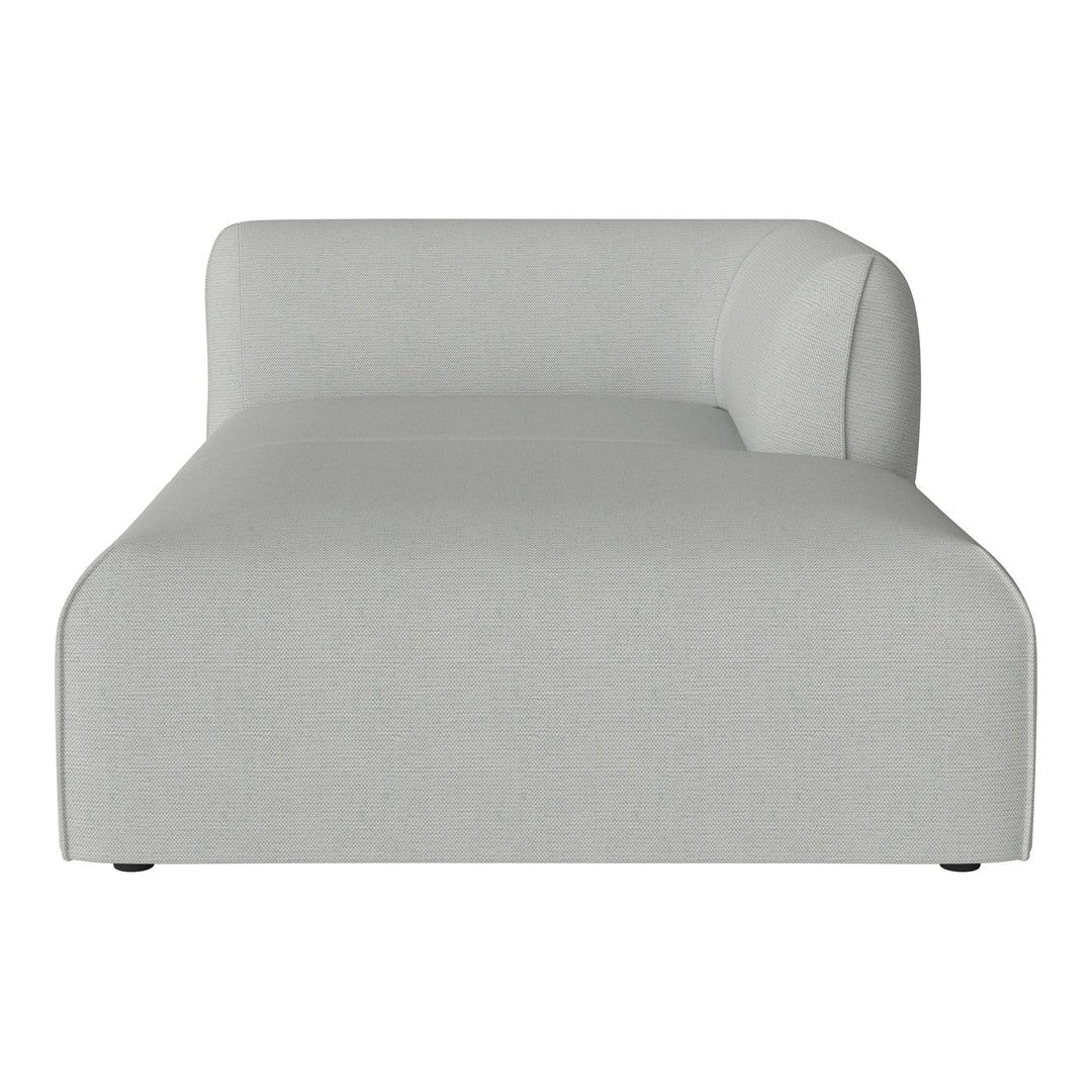 Stretch lounge chair in soft light gray fabric with a smooth, modern design and minimalist silhouette.