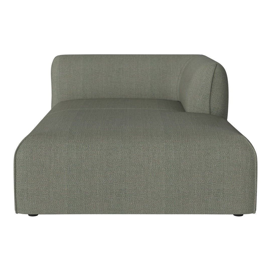 Stylish chaise lounge in soft olive green fabric with a subtle, textured pattern. Perfect for modern decor.