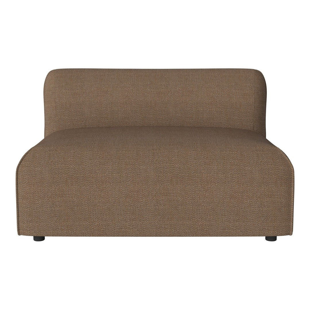 Brown upholstered loveseat with a smooth, minimalistic design and soft texture; perfect for modern living spaces.