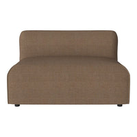 Brown upholstered loveseat with a smooth, minimalistic design and soft texture; perfect for modern living spaces.