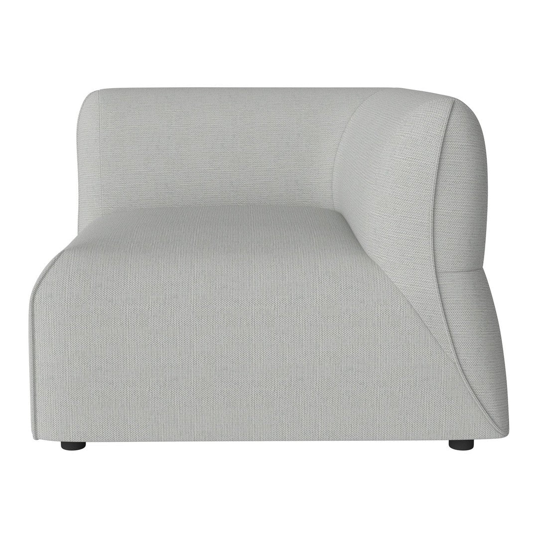 Curved light gray sofa section with a minimalist design and subtle texture for modern decor.