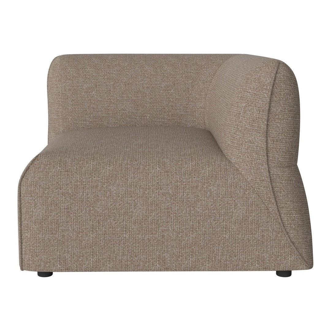 Textured beige upholstered sofa with a modern, curved design and clean lines, perfect for minimalist decor.