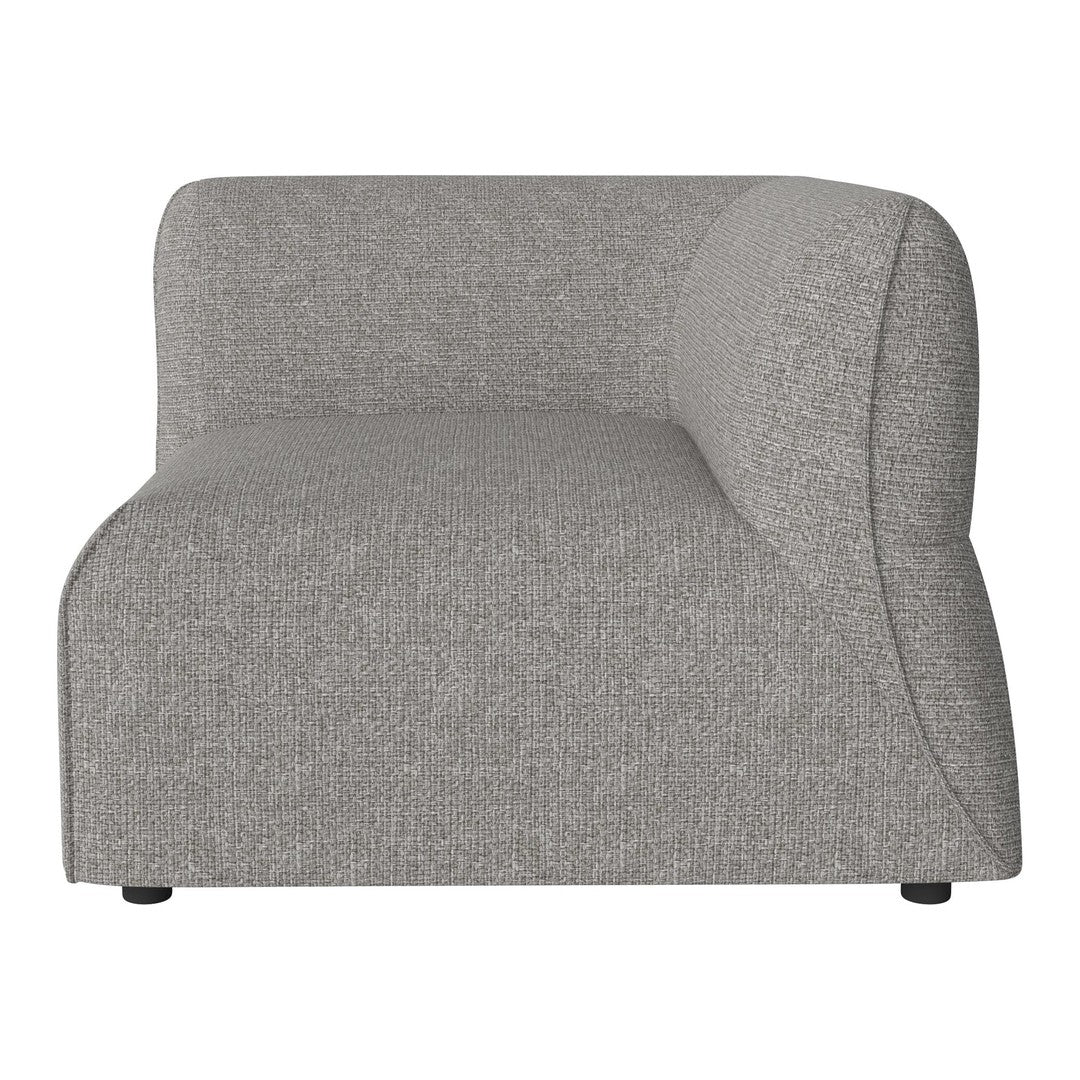 Gray upholstered accent chair with a smooth, rounded silhouette and textured fabric pattern. Perfect for modern decor.
