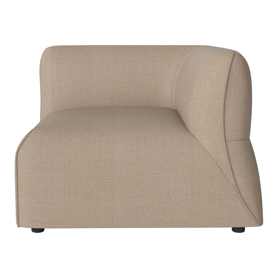 Beige fabric sectional sofa with a smooth, curved silhouette and subtle texture, perfect for modern decor.