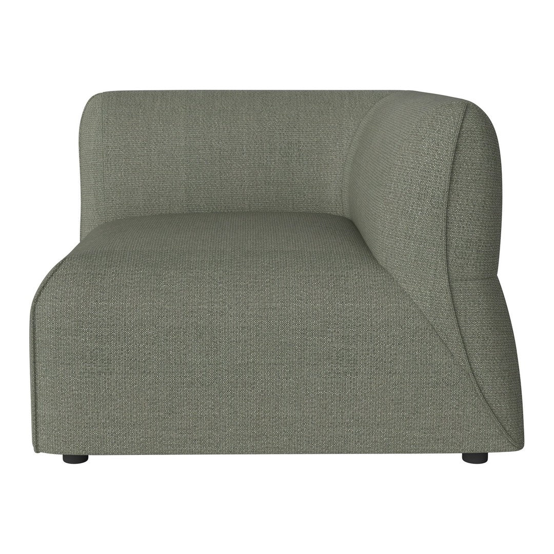 Olive green curved sectional sofa with a textured fabric finish and clean, contemporary lines.