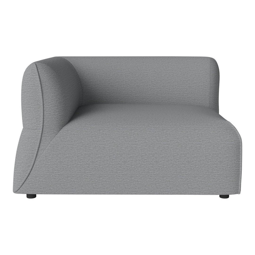 Gray textured sectional sofa with a modern, minimalist design and curved armrest. Ideal for contemporary interiors.