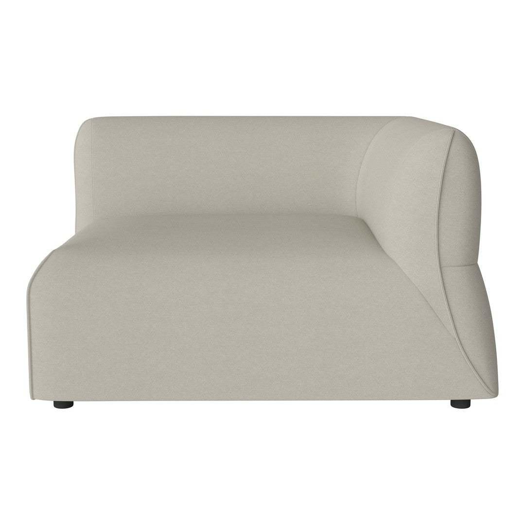 Beige upholstered modular sofa with a smooth, minimalist design and curved armrest. Ideal for modern interiors.