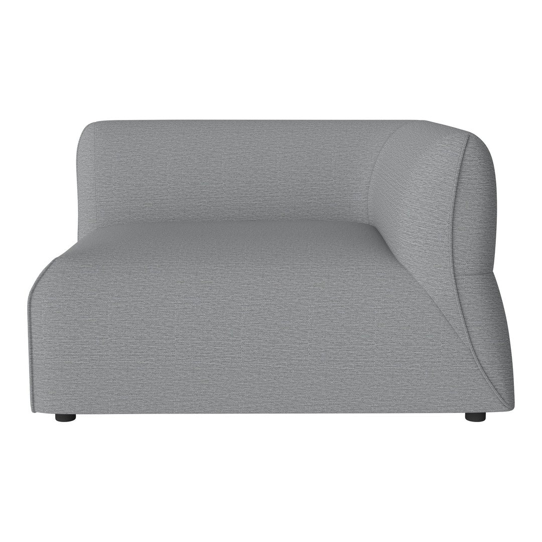 Grey textured sectional sofa with smooth curves and minimalistic design. Perfect for modern living spaces.