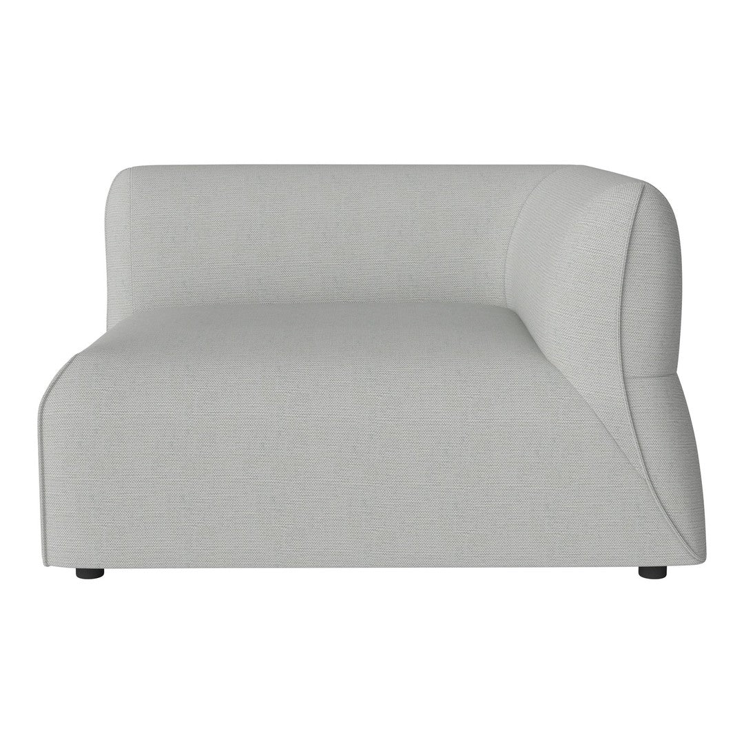 Curved gray sofa with a smooth, modern design and subtle textured fabric. Perfect for contemporary interiors.