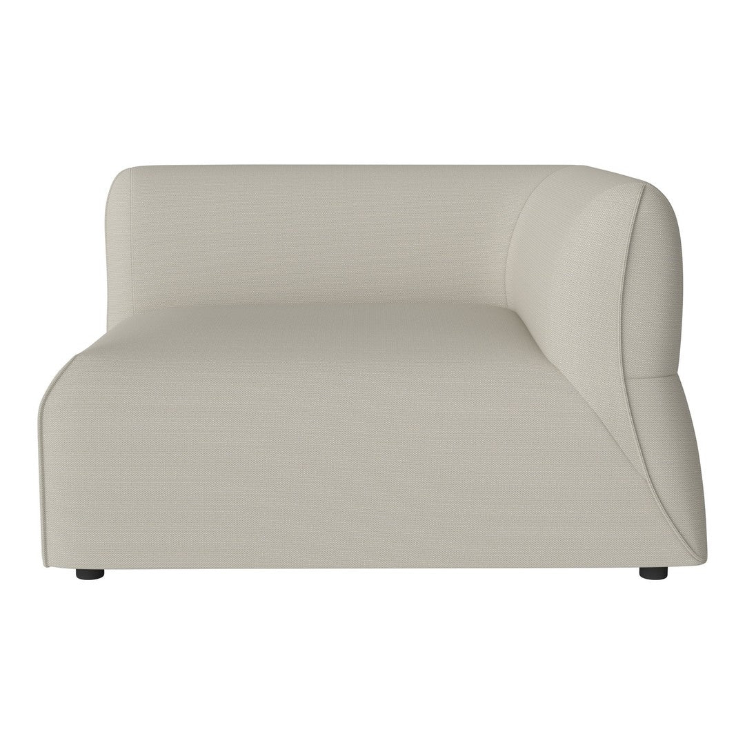 Beige modern sofa with smooth texture and minimalist design, featuring a unique asymmetrical shape.