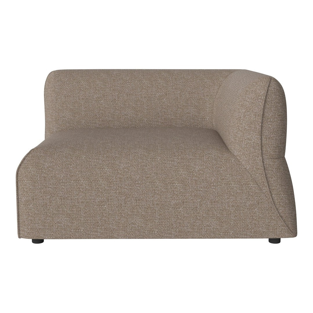 Stylish, curved sofa in a warm taupe fabric with a textured pattern, perfect for modern living spaces.
