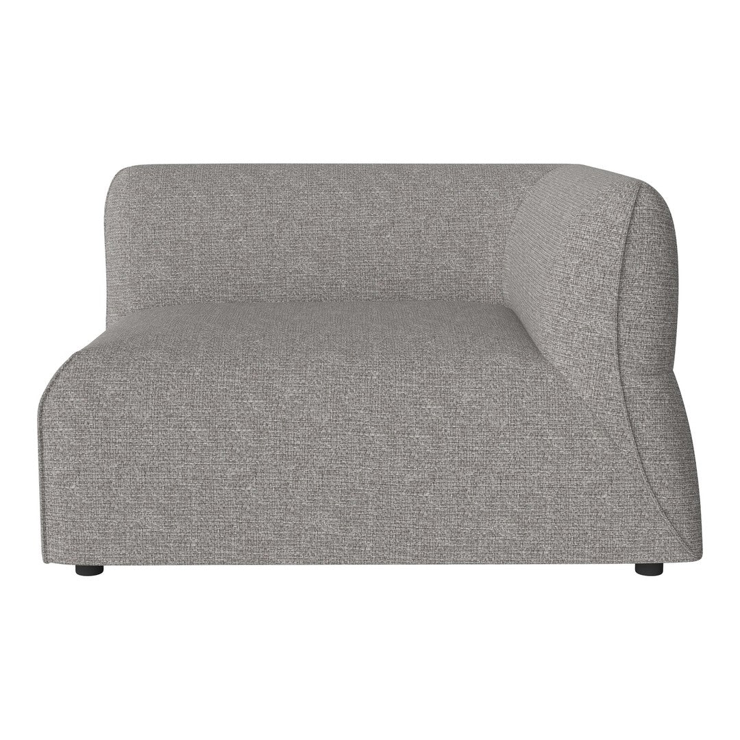 Light gray upholstered couch with a smooth, textured pattern and a modern, curved silhouette.