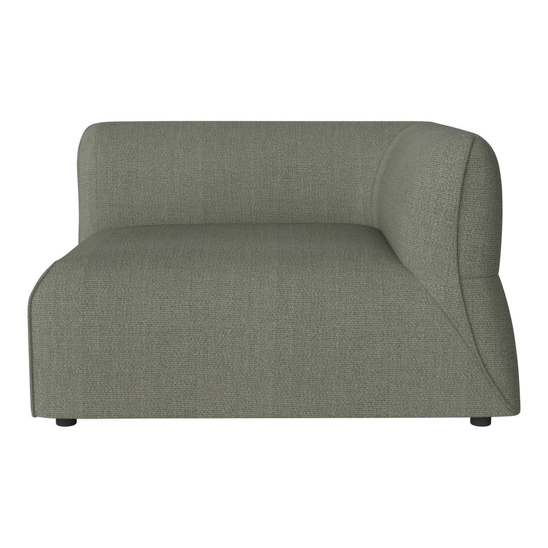 Curved green sofa with a textured fabric and minimalist design, perfect for contemporary interiors.