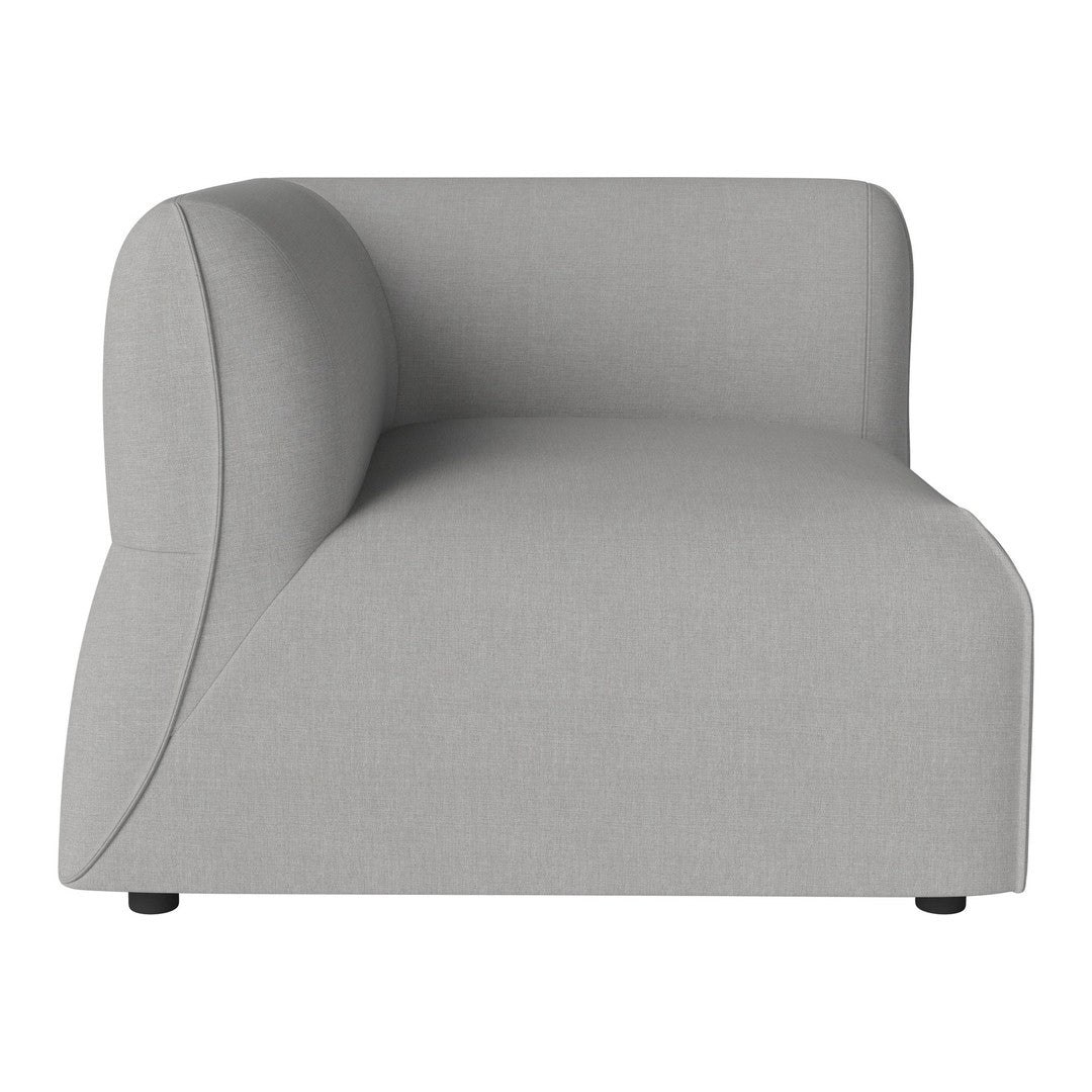 Grey modern sofa with a smooth, minimalist design and curved armrest, perfect for contemporary decor.