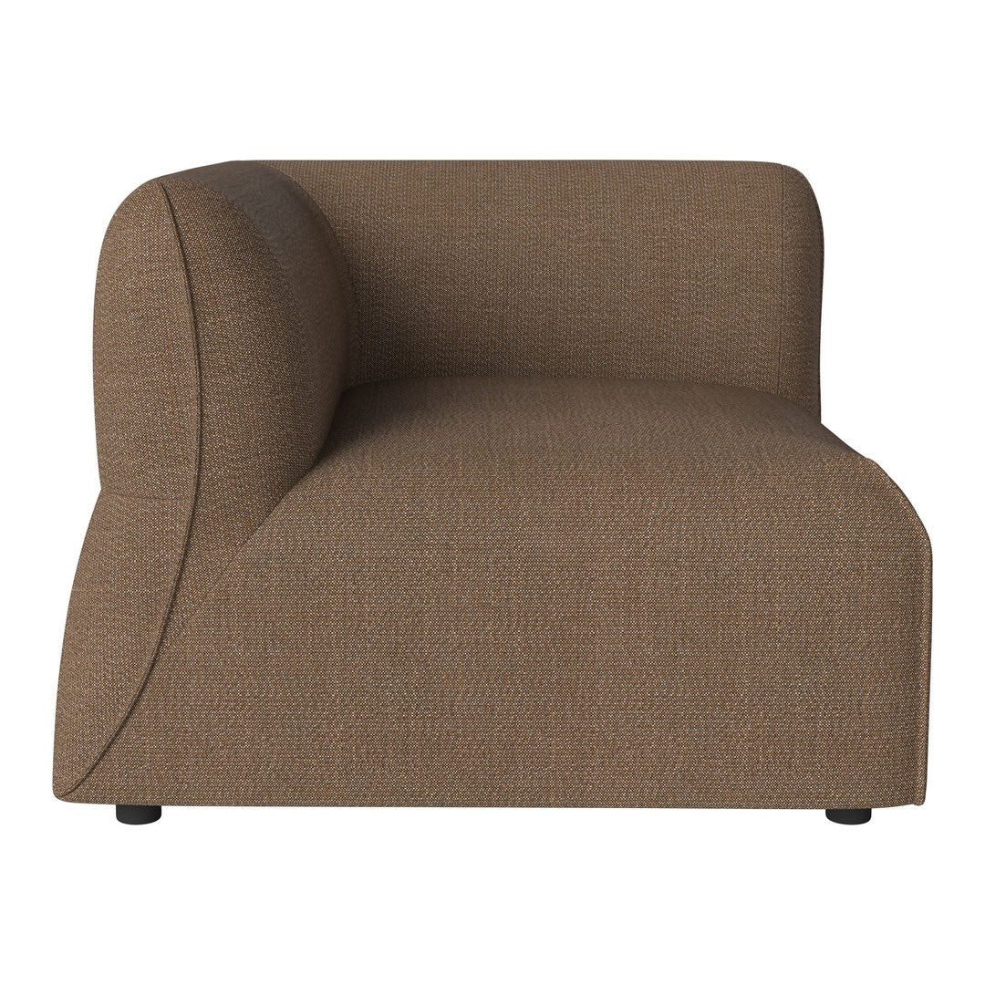 Brown upholstered chaise lounge with a textured, woven pattern and modern curves. Ideal for stylish interiors.