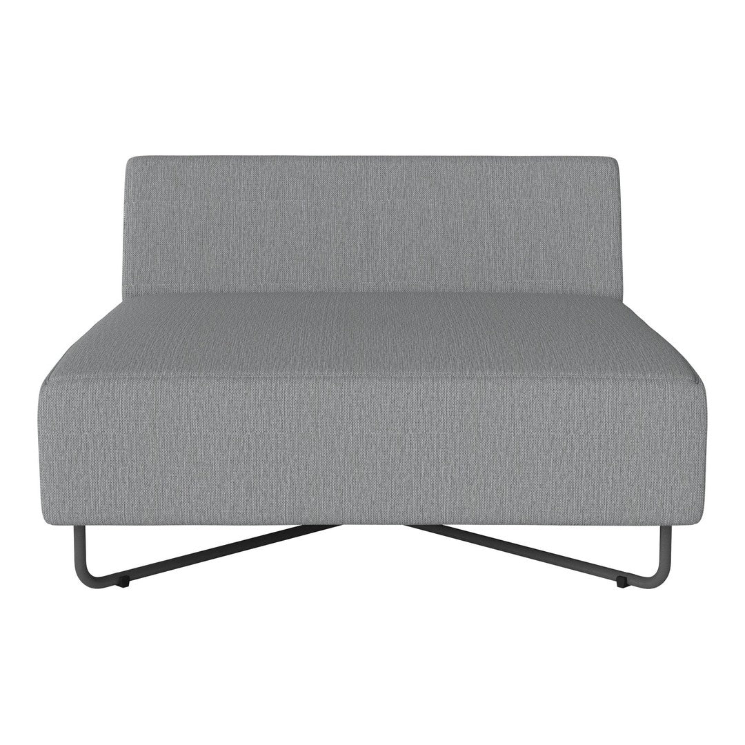 Gray upholstered lounge chair with subtle texture and sleek black metal legs, perfect for modern decor.
