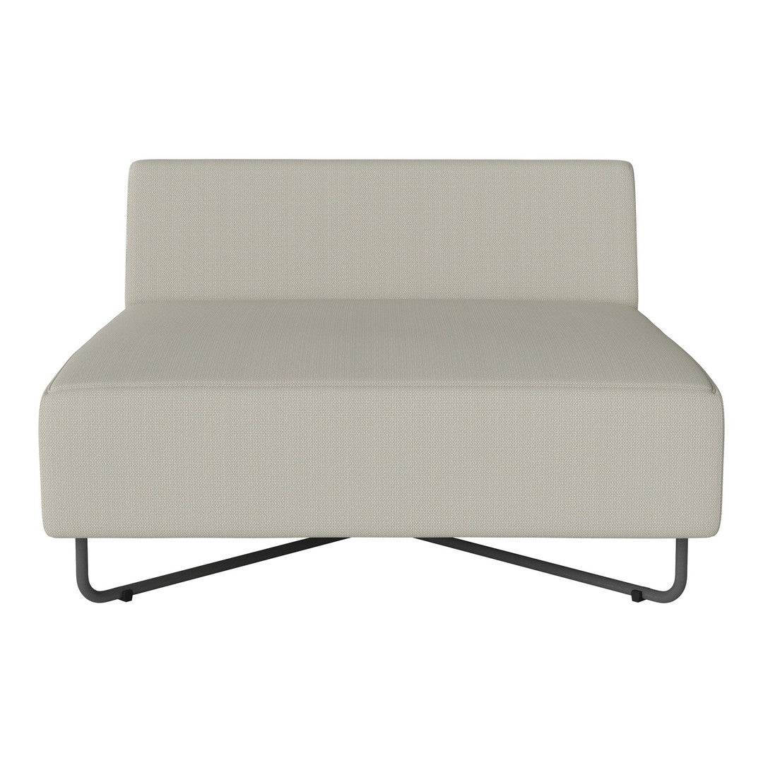 Light beige fabric accent chair with subtle texture, featuring a minimalist design and sleek black metal legs.