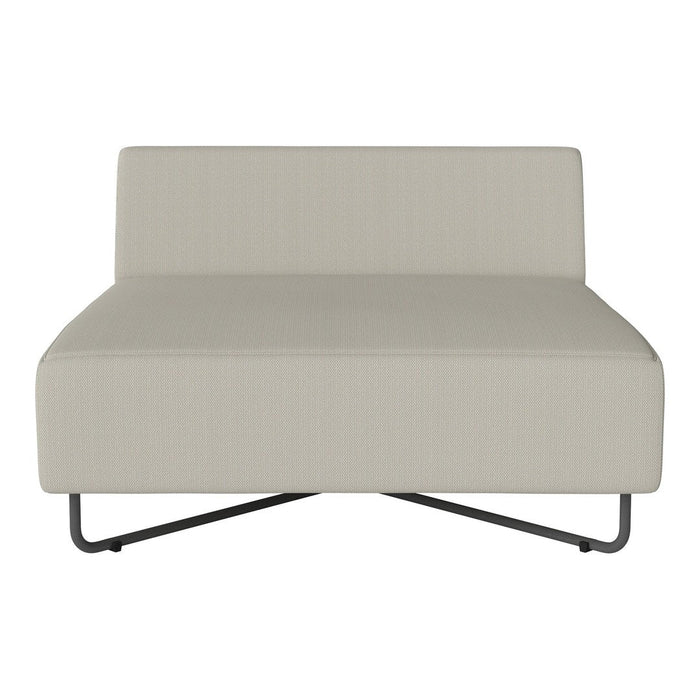 Light beige fabric accent chair with subtle texture, featuring a minimalist design and sleek black metal legs.
