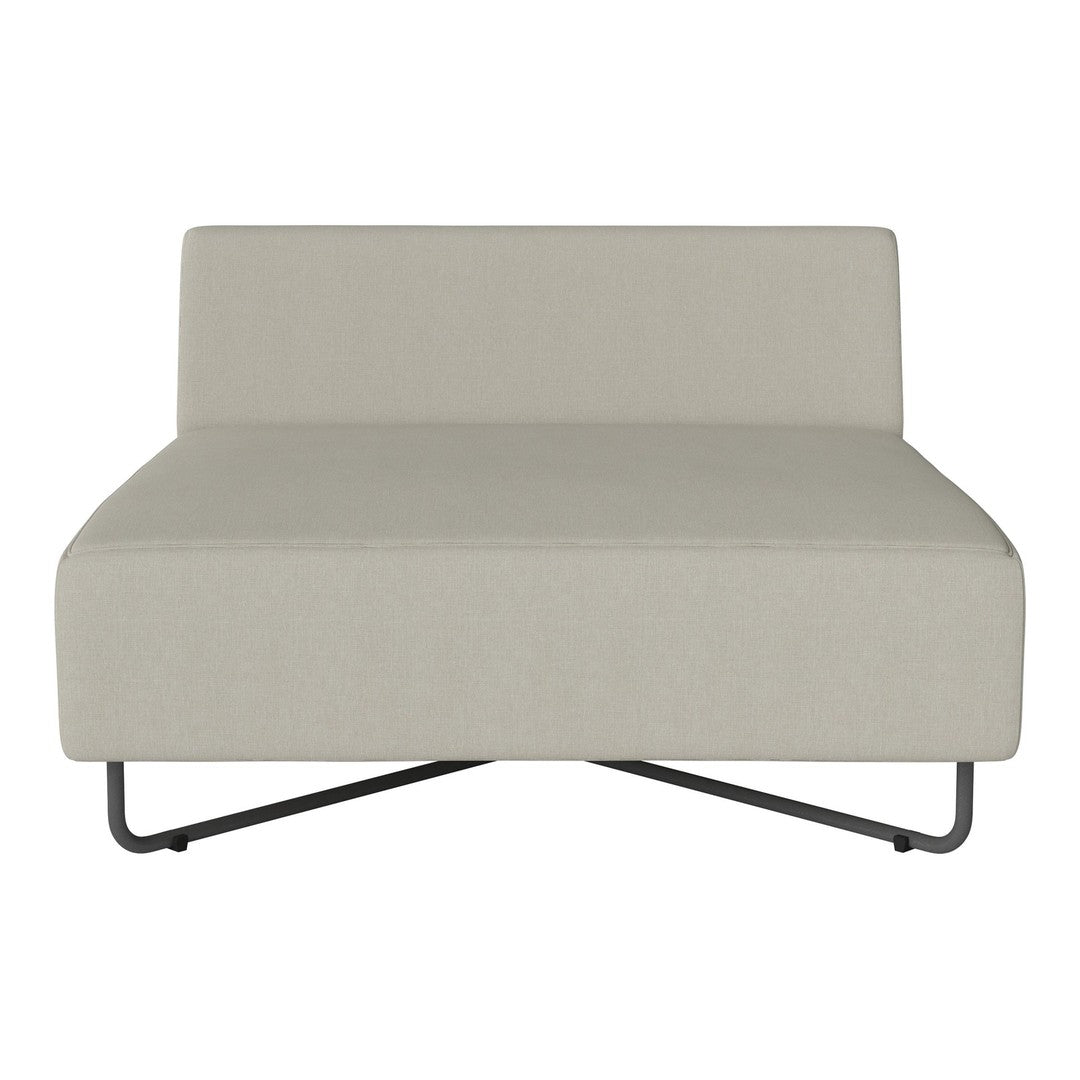 Light gray fabric sofa with a minimalist design and smooth, uniform texture. Metal frame adds modern contrast.