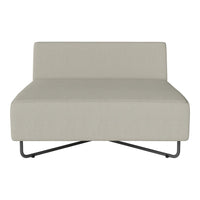 Light gray fabric sofa with a minimalist design and smooth, uniform texture. Metal frame adds modern contrast.