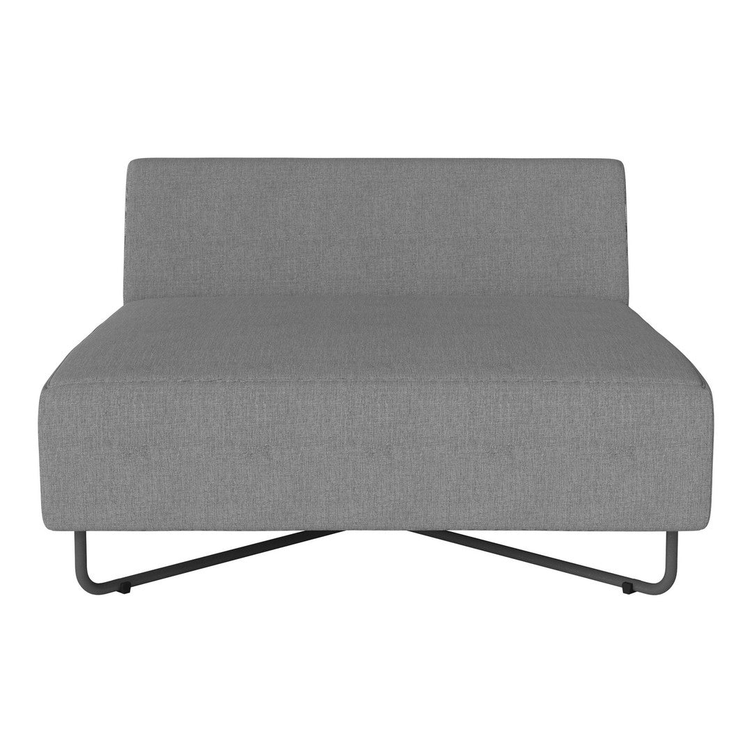 Gray modern upholstered chair with a sleek, minimalist design and black metal base. Perfect for contemporary spaces.
