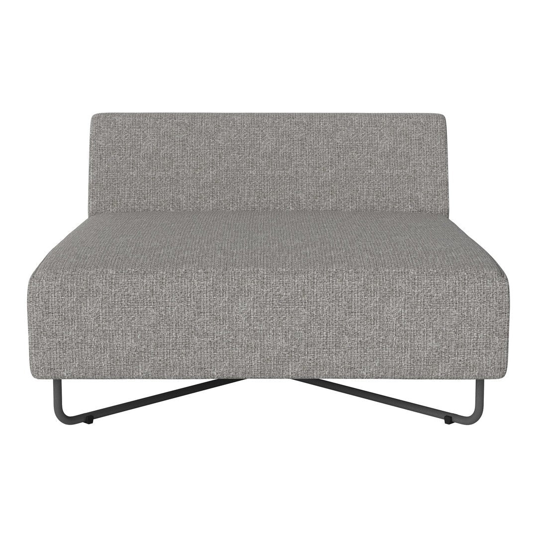 Gray fabric loveseat with a textured pattern and minimalist design on a metal frame. Perfect for modern decor.