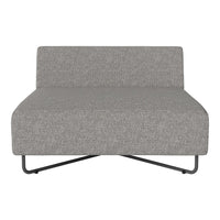 Gray fabric loveseat with a textured pattern and minimalist design on a metal frame. Perfect for modern decor.
