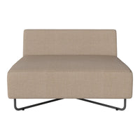 Beige modern lounge chair with a minimalist design and smooth fabric texture, featuring sleek metal legs.