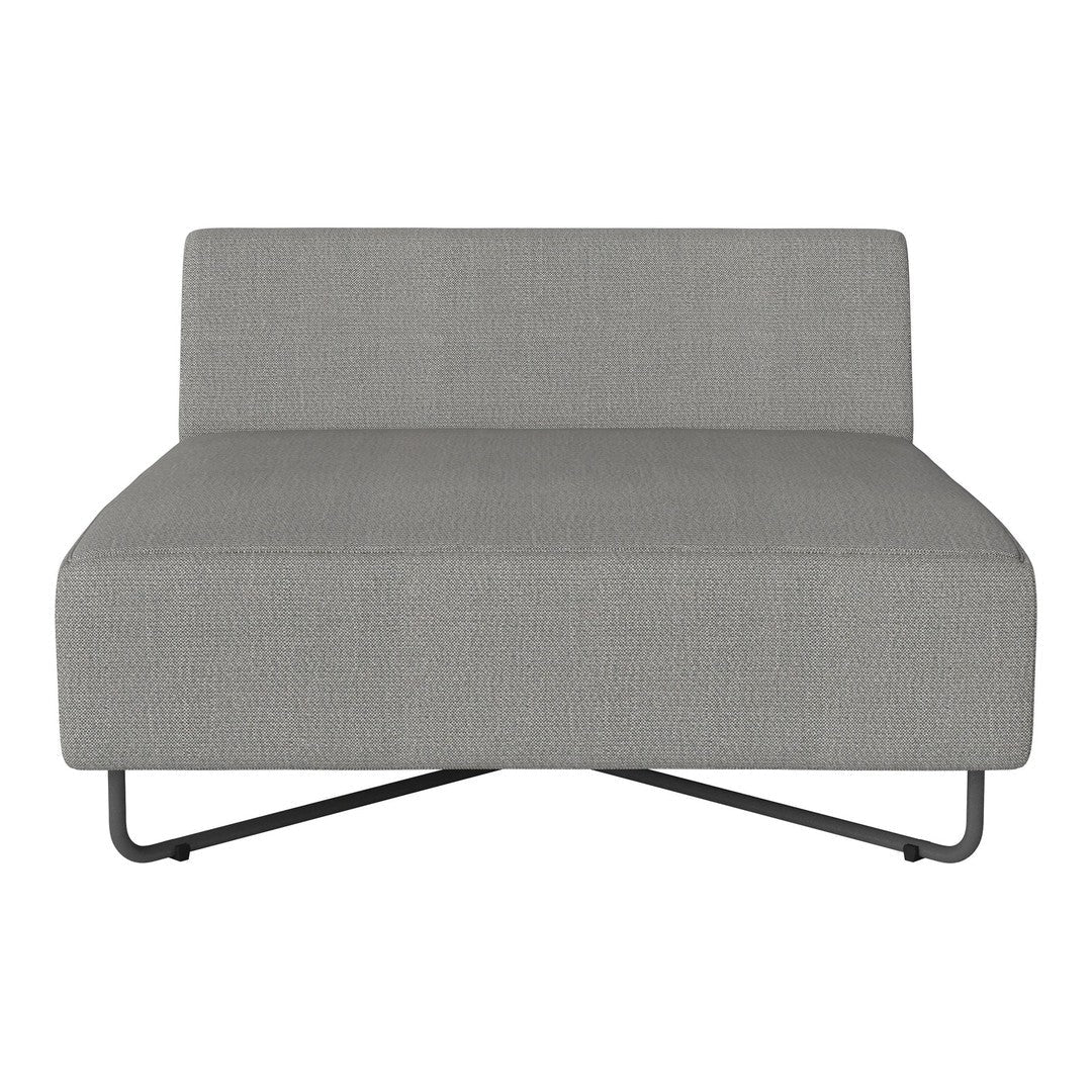 Gray upholstered sofa with clean lines and a textured fabric, supported by a sleek black metal frame.