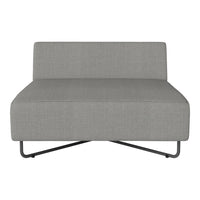 Gray upholstered sofa with clean lines and a textured fabric, supported by a sleek black metal frame.