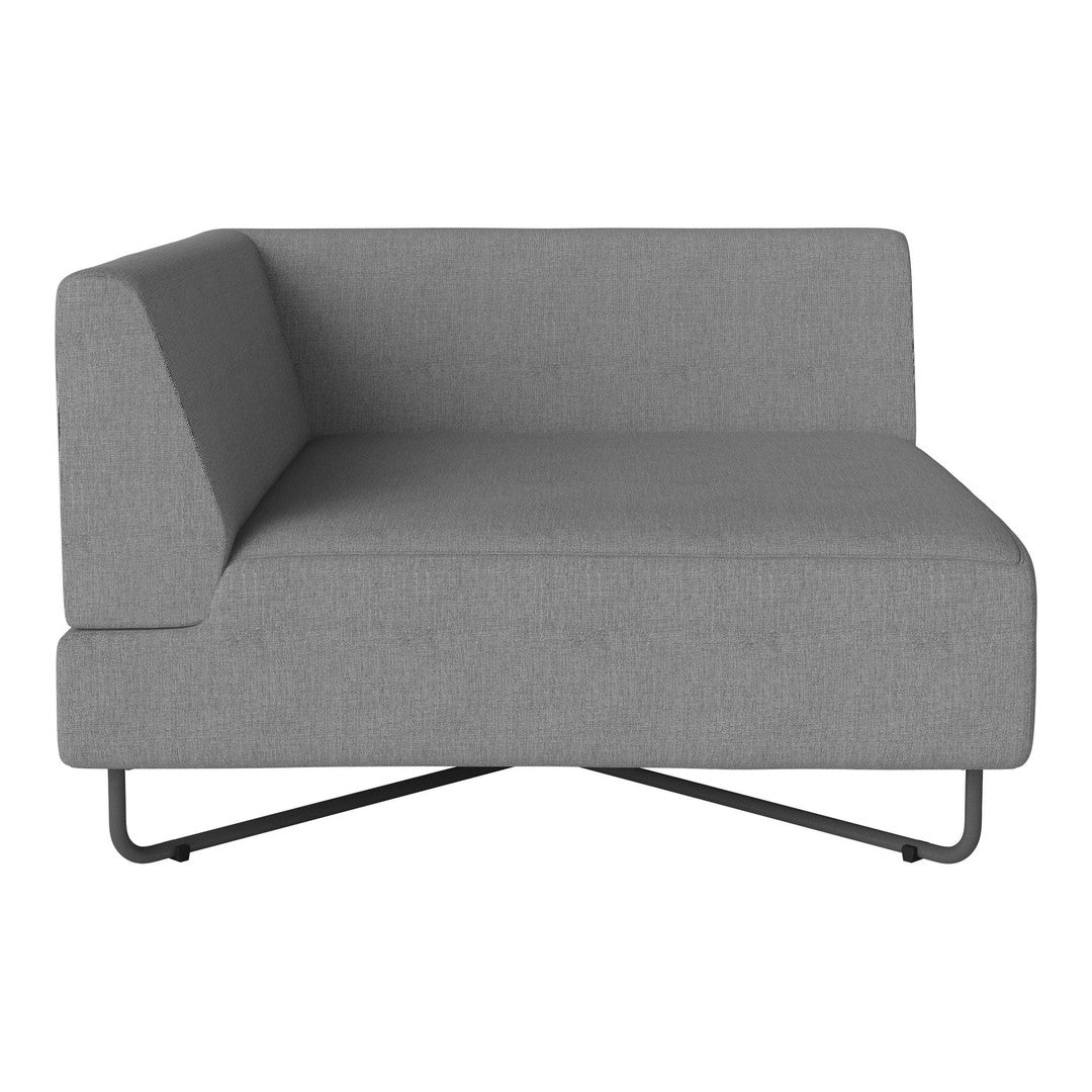 Gray upholstered corner sofa with a minimalist design and subtle texture, featuring a sleek, black metal frame.