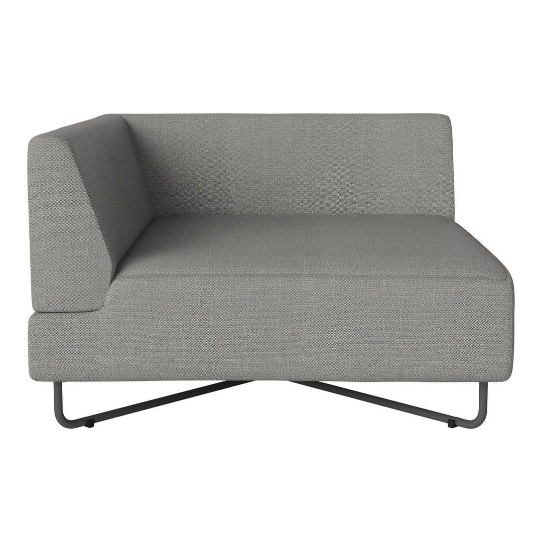 Gray upholstered sofa with a smooth texture, featuring a minimalist design and sleek metal legs. Ideal for modern decor.