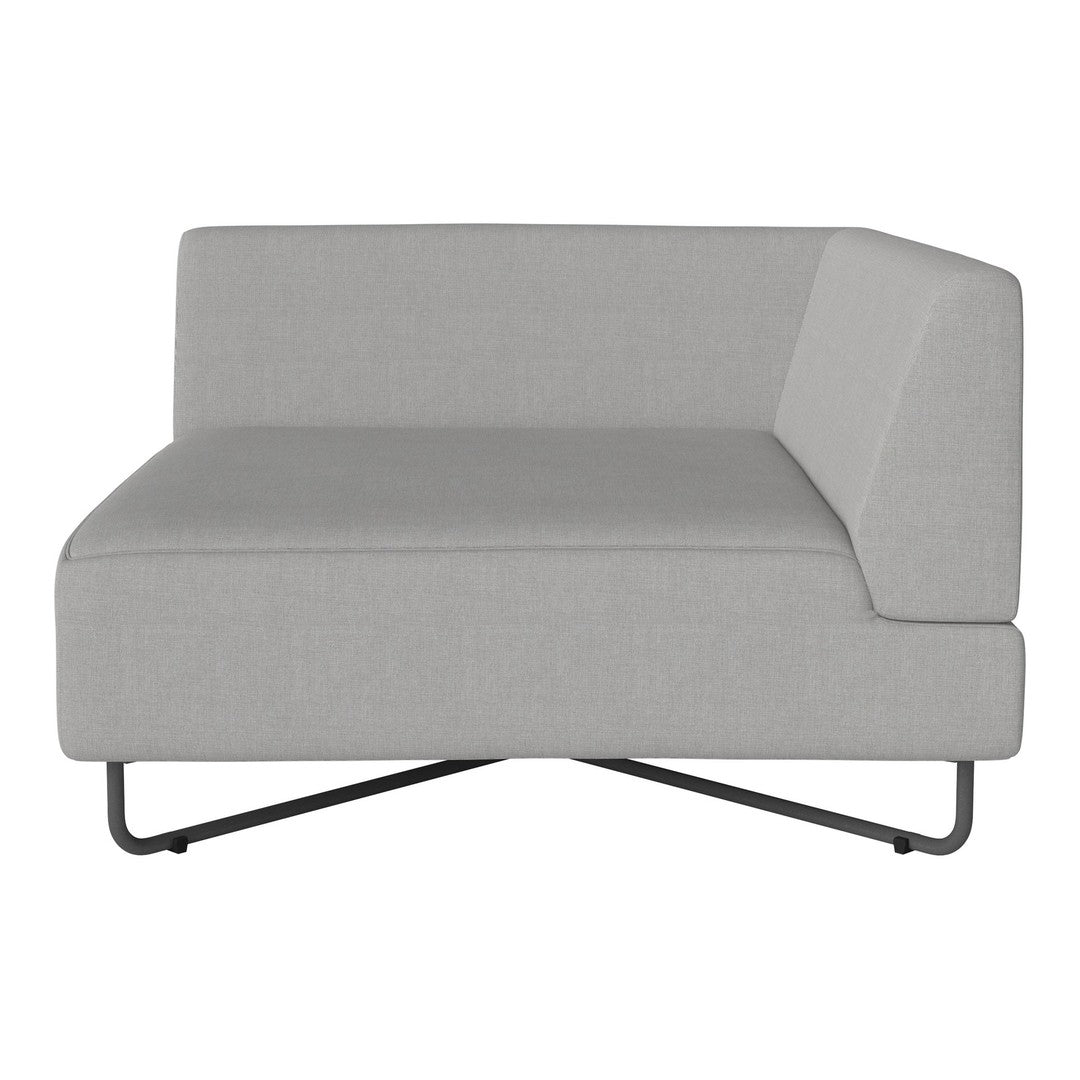 Light gray fabric corner sofa with minimalist design and sleek black metal legs. Perfect for modern living spaces.