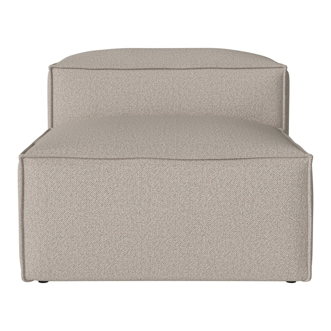 Beige upholstered ottoman with a smooth, textured surface, offering a minimalist and neutral aesthetic.