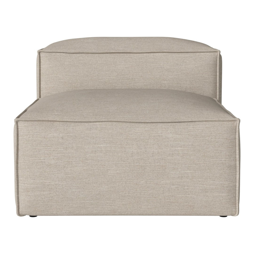 Beige upholstered ottoman with a smooth, solid pattern and clean lines, ideal for modern living spaces.