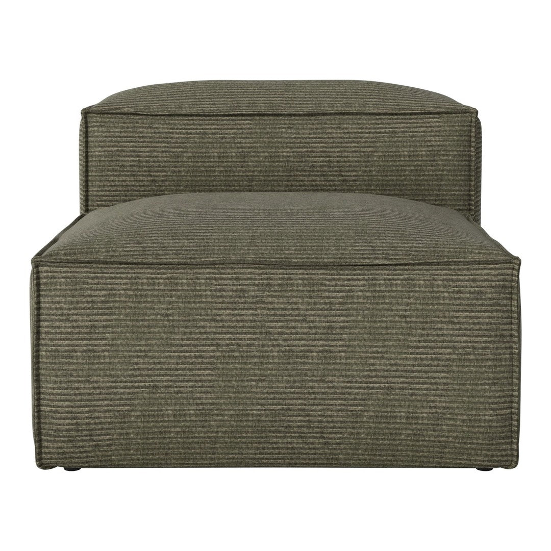 Textured olive green ottoman with subtle horizontal stripes for a modern touch.